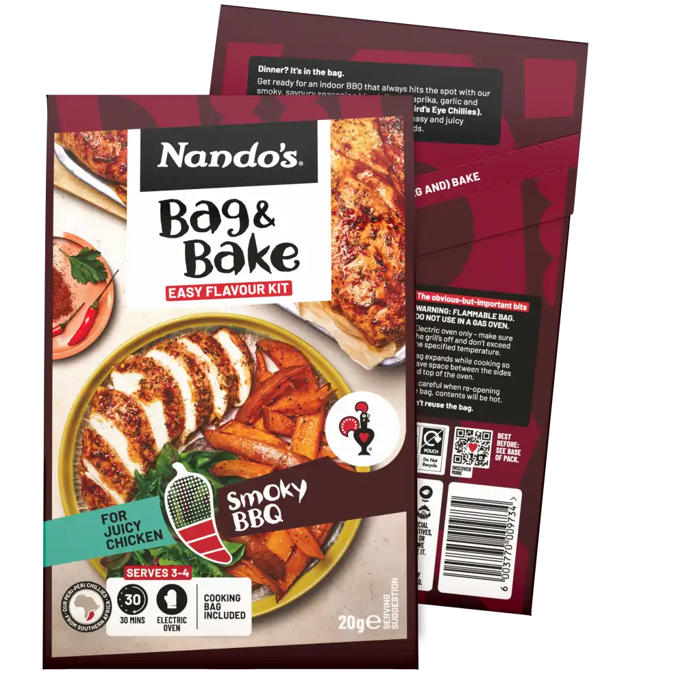 Nando's Bag & Bake Smoky BBQ kit packaging, featuring a cooked chicken dish with sides. Serves 3-4, ready in 30 mins.